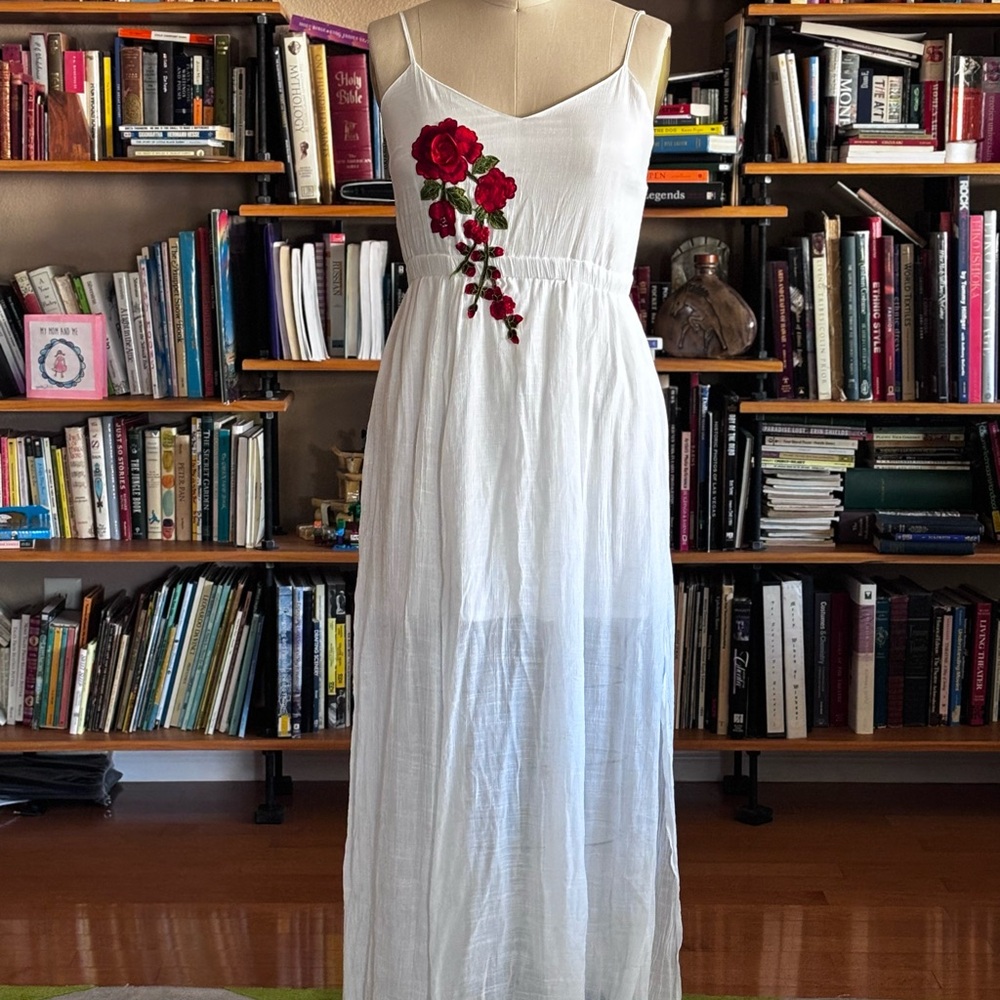 Say What? White Maxi Dress with Red Floral Detail
